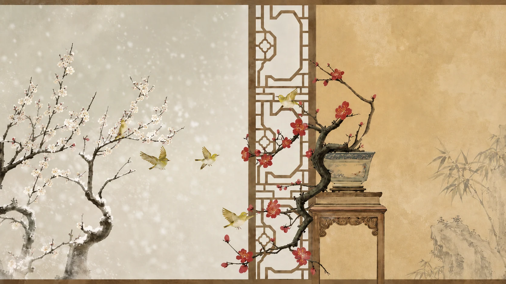 A traditional Chinese composition of plum blossoms, birds, a heritage planter and architectural lattice in winter
