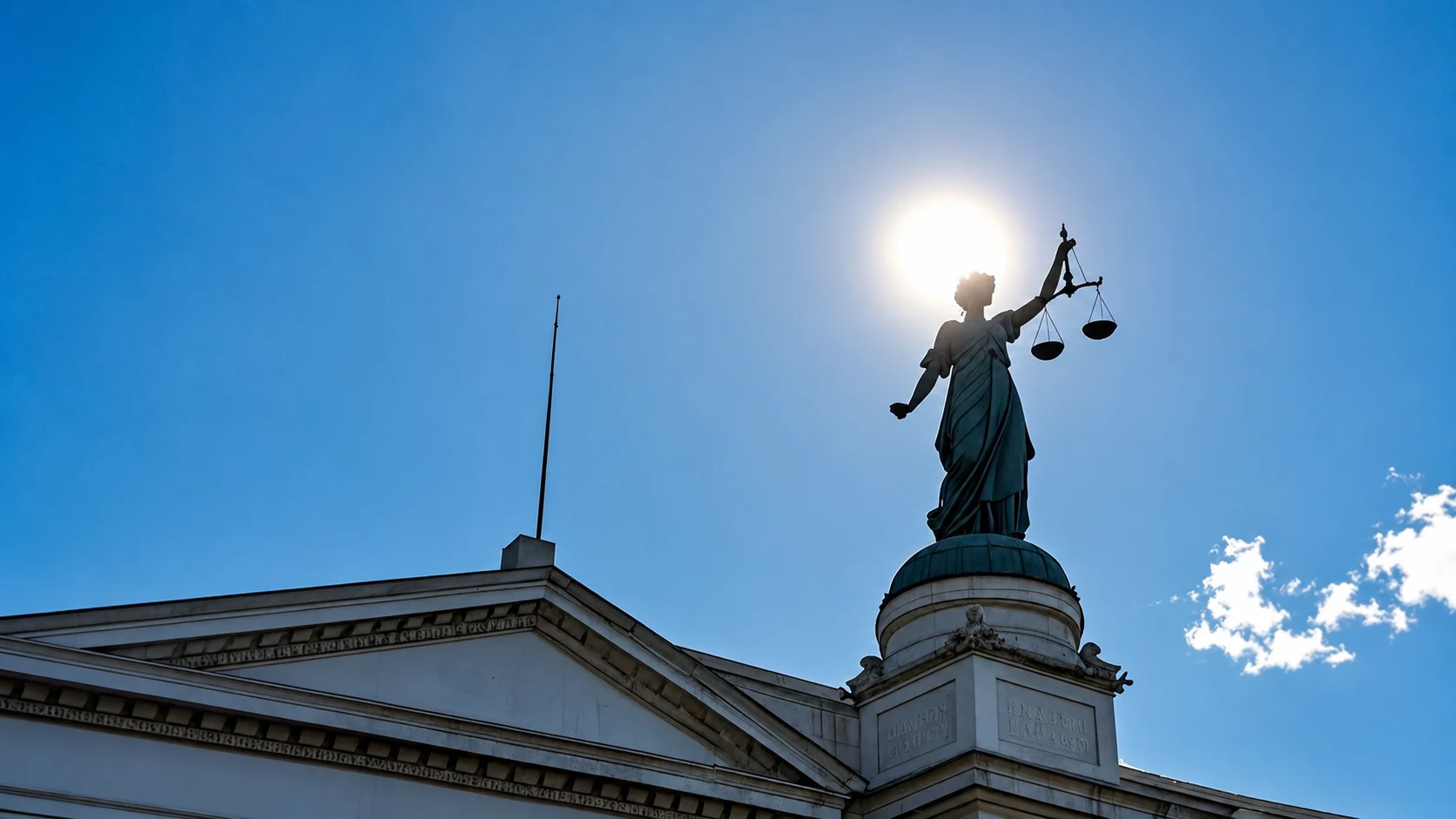 Lady Justice silhouetted against the sun above a courthouse under a clear blue sky