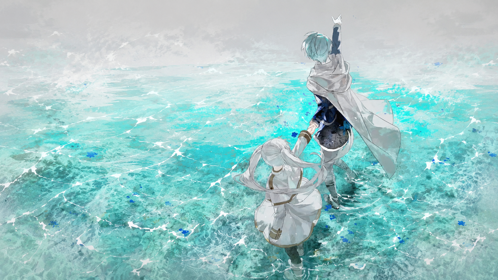 Two companions holding hands as they cross a luminous turquoise sea together