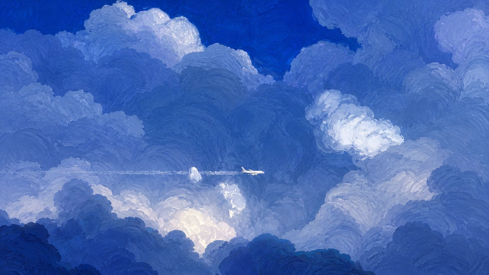 A small fixed-wing inspection drone crossing an immense field of painterly blue clouds