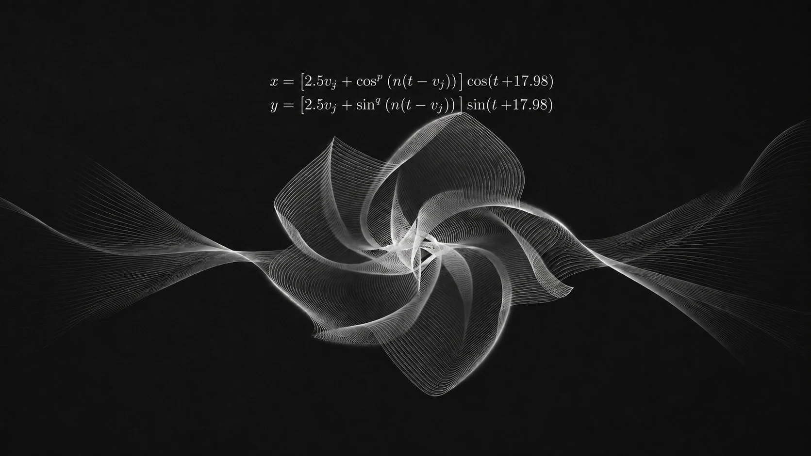 White parametric curves forming a flower-like mathematical surface beneath their defining equations on a black field