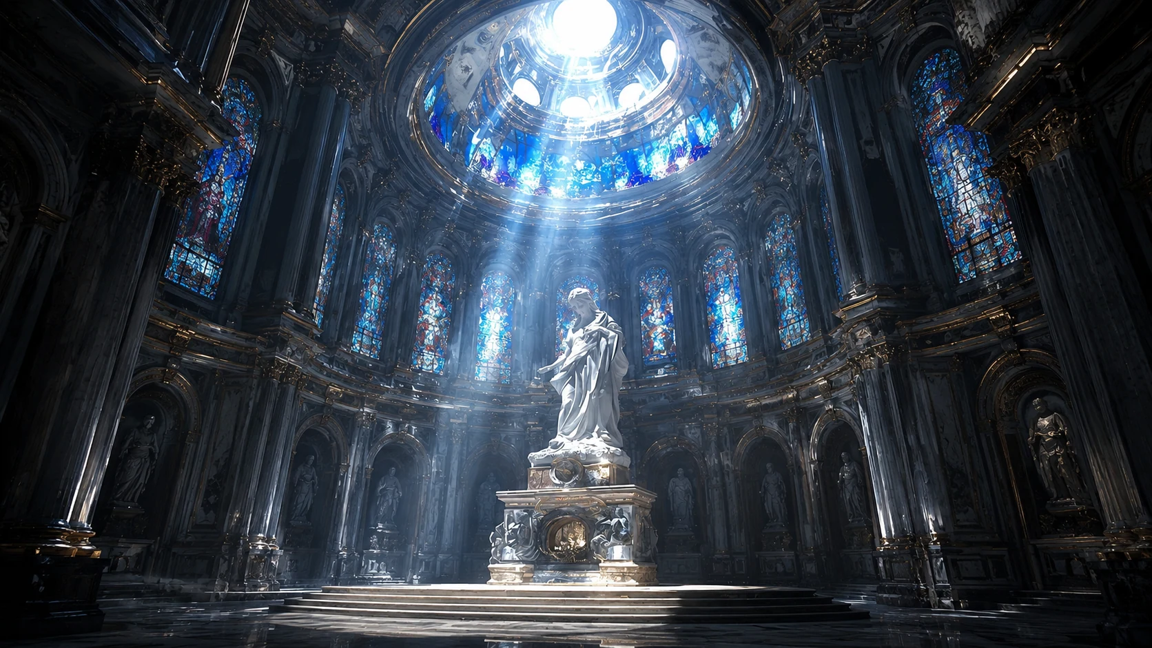 A monumental 3D-rendered cathedral interior with a central statue illuminated by blue stained-glass light