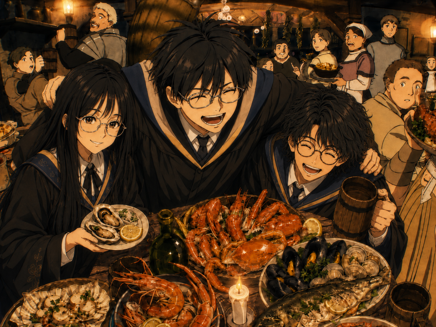 Three friends wearing glasses sharing a joyful feast in a candlelit tavern